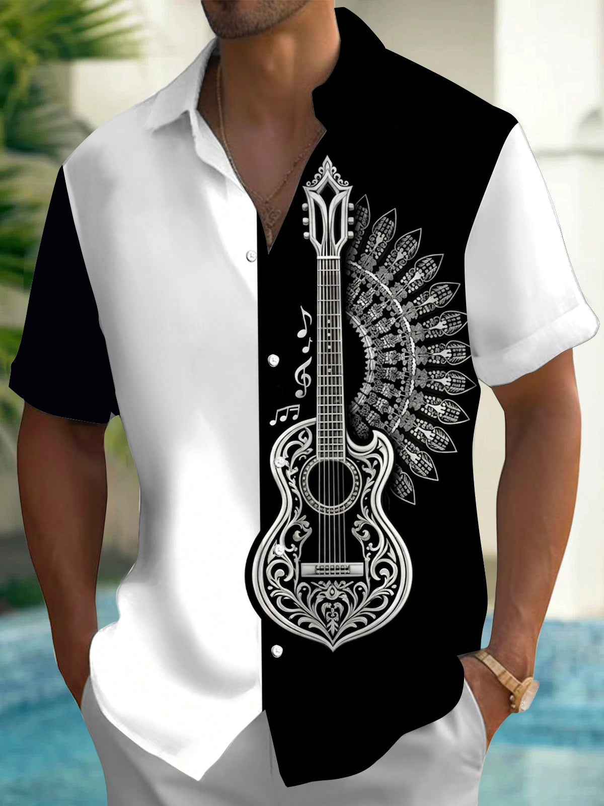 Adaychic Men's Graphic Guitar Mandala Print Short Sleeve Shirt with Chest Pocket