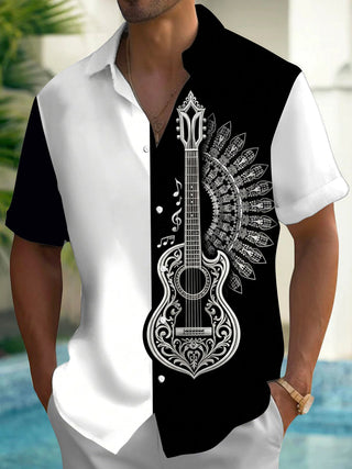 Adaychic Men's Graphic Guitar Mandala Print Short Sleeve Shirt with Chest Pocket