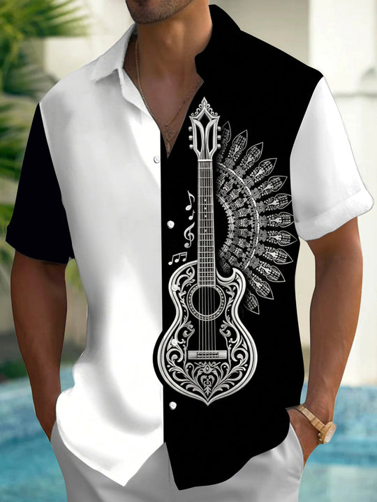 Adaychic Men's Graphic Guitar Mandala Print Short Sleeve Shirt with Chest Pocket