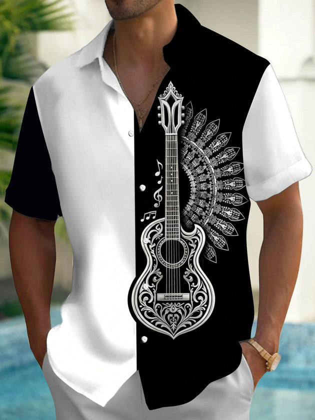 Adaychic Men's Graphic Guitar Mandala Print Short Sleeve Shirt with Chest Pocket