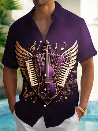 Adaychic Men's Graphic Musical Instruments Print Wings Print Short Sleeve Shirt with Chest Pocket