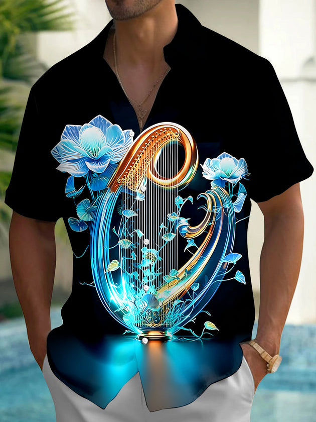 Adaychic Men's Graphic Neon Crystal Harp Print Short Sleeve Shirt with Chest Pocket