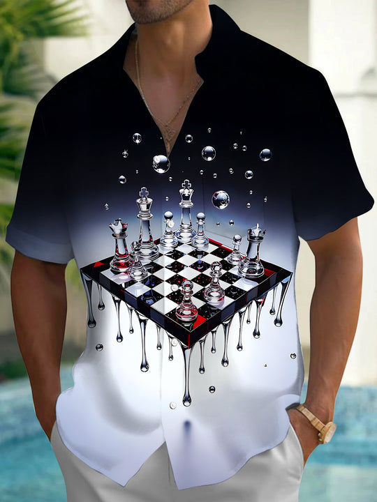 Adaychic Men's Graphic Melting Chessboard Print Short Sleeve Shirt with Chest Pocket