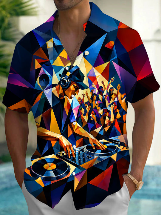 Adaychic Men's Graphic Geometric DJ Print Party Crowd Print Short Sleeve Shirt with Chest Pocket