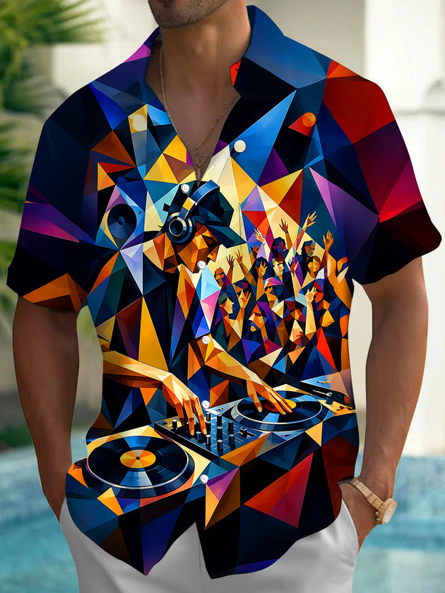 Adaychic Men's Graphic Geometric DJ Print Party Crowd Print Short Sleeve Shirt with Chest Pocket