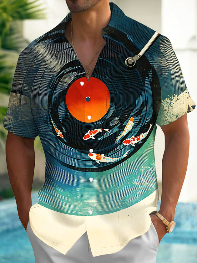 Adaychic Men's Hawaiian Vinyl Record Print Koi Fish Print Short Sleeve Shirt with Chest Pocket