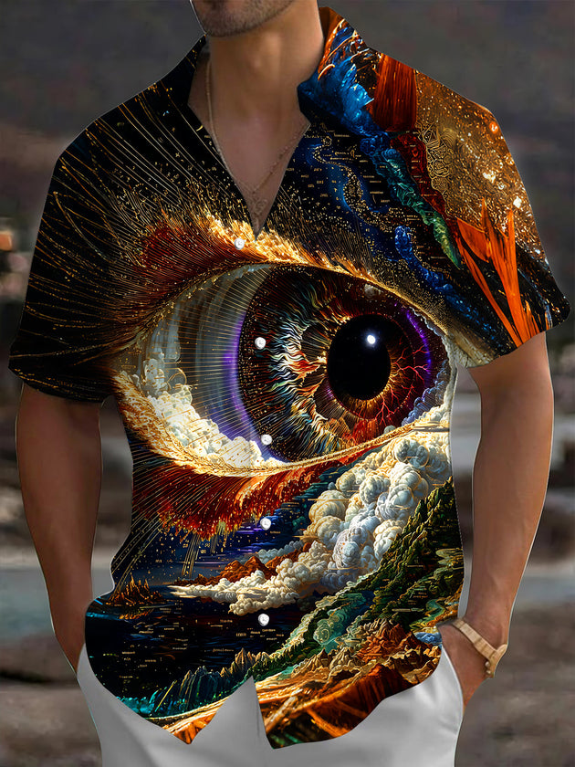 Adaychic Men's Graphic Cosmic Eye Print Short Sleeve Shirt with Chest Pocket