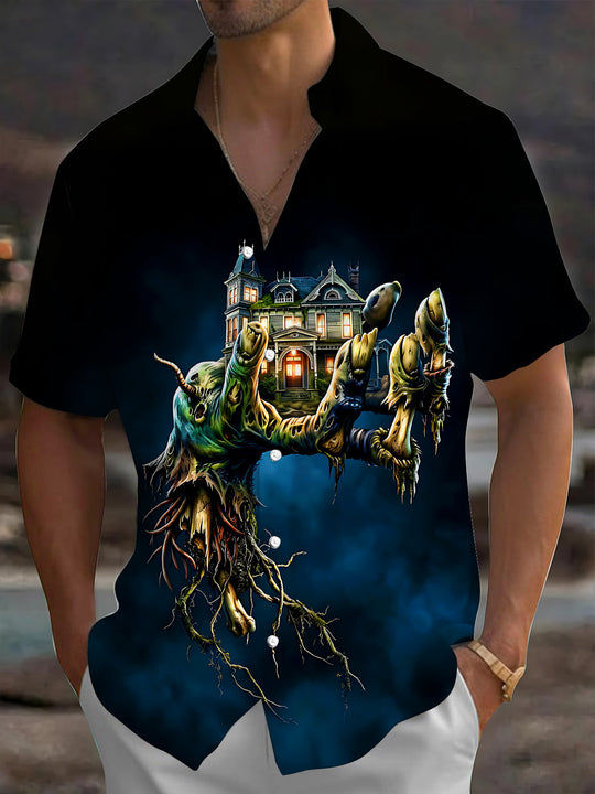 Adaychic Men's Graphic Pattern Print Short Sleeve Shirt with Chest Pocket