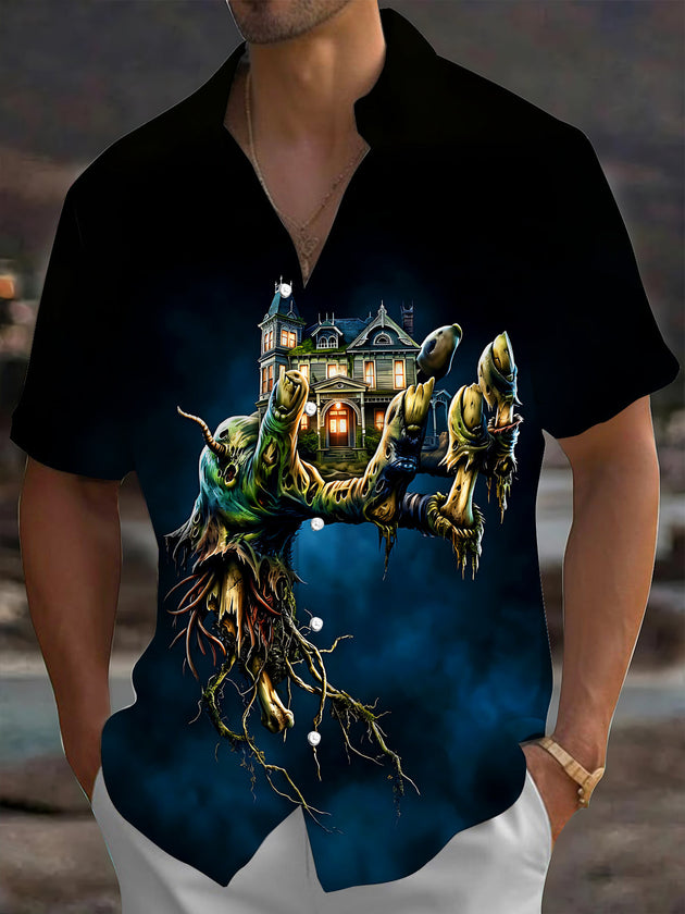 Adaychic Men's Graphic Pattern Print Short Sleeve Shirt with Chest Pocket