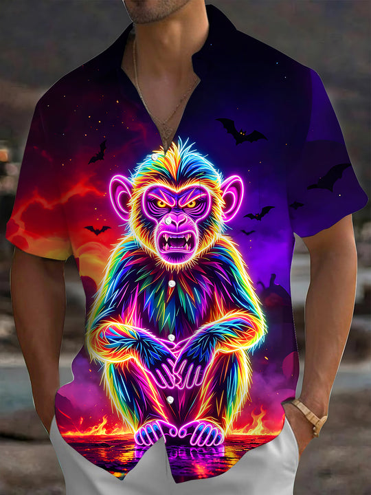 Adaychic Men's Graphic Halloween Bats Print Short Sleeve Shirt with Chest Pocket