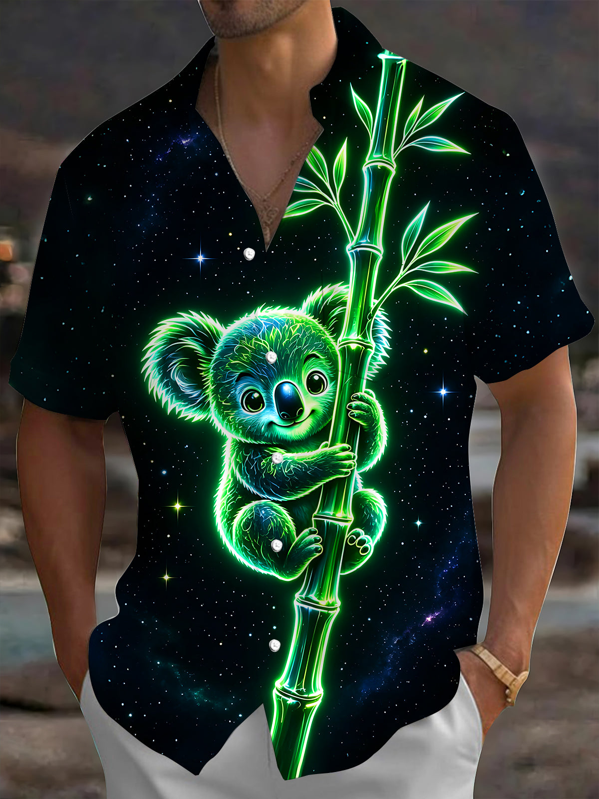 Adaychic Men's Graphic Neon Koala Print Bamboo Print Short Sleeve Shirt with Chest Pocket