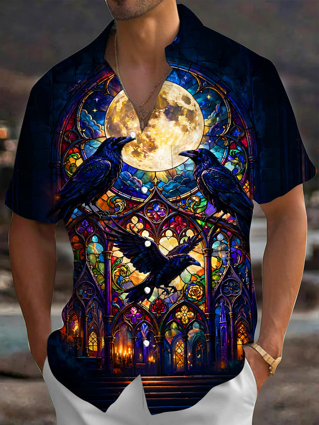Adaychic Men's Graphic Stained Glass Crows Print Short Sleeve Shirt with Chest Pocket