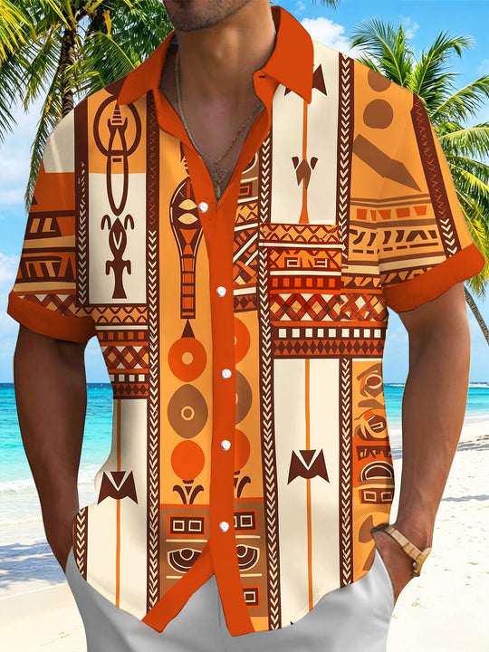 Adaychic Men's Hawaiian Tribal Geometric Pattern Short Sleeve Shirt with Chest Pocket