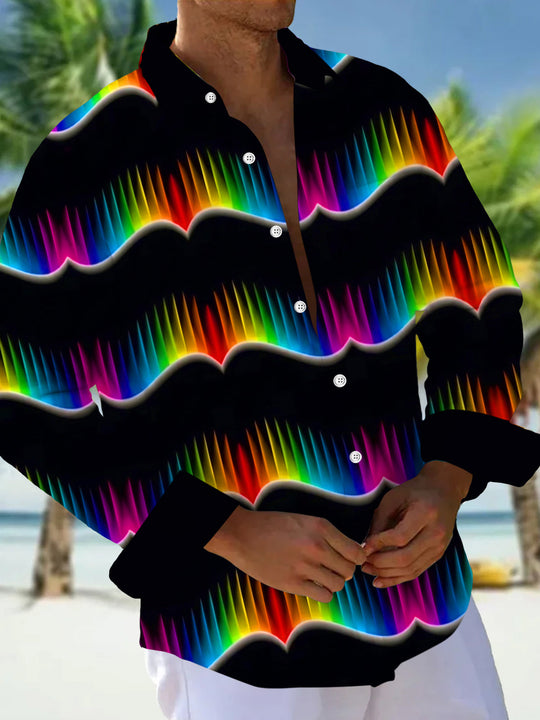 Adaychic Men's Patterned Rainbow Wave Lines Print Long Sleeve Shirt with Chest Pocket