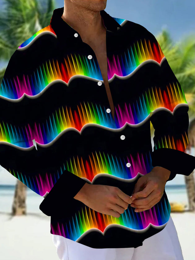 Adaychic Men's Patterned Rainbow Wave Lines Print Long Sleeve Shirt with Chest Pocket