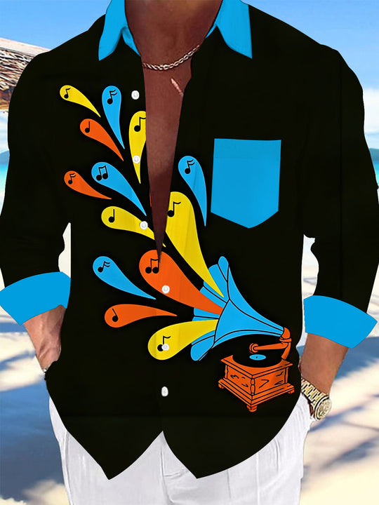 Adaychic Men's Vintage Style Gramophone Print Long Sleeve Shirt with Chest Pocket