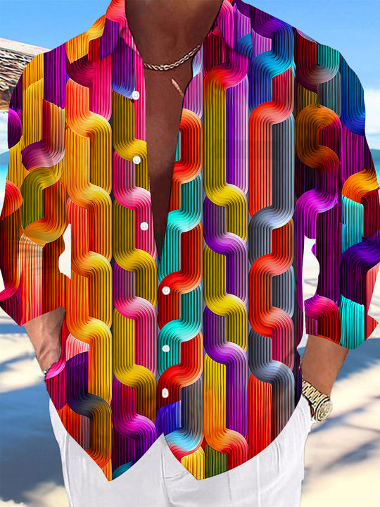 Adaychic Men's 3D Colorful Wavy Weave Texture Print Long Sleeve Shirt with Chest Pocket