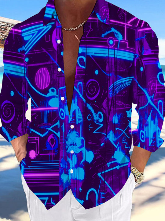Adaychic Men's Graphic Neon Cyberpunk Graffiti Print Long Sleeve Shirt with Chest Pocket