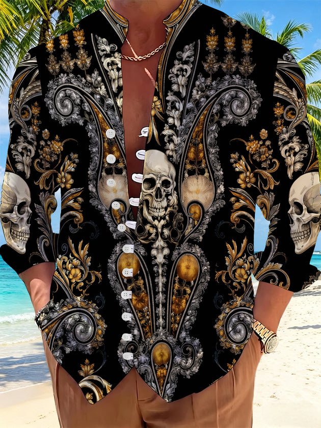 Adaychic Men's Graphic Baroque Skull Print Long Sleeve Shirt