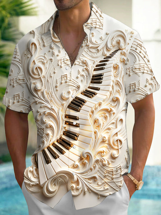 Adaychic Men's 3D Piano Keys Print Musical Notes Print Short Sleeve Shirt with Chest Pocket