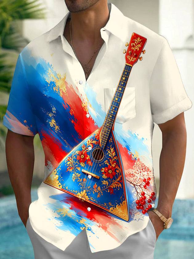Adaychic Men's Graphic Balalaika Instrument Print Short Sleeve Shirt with Chest Pocket