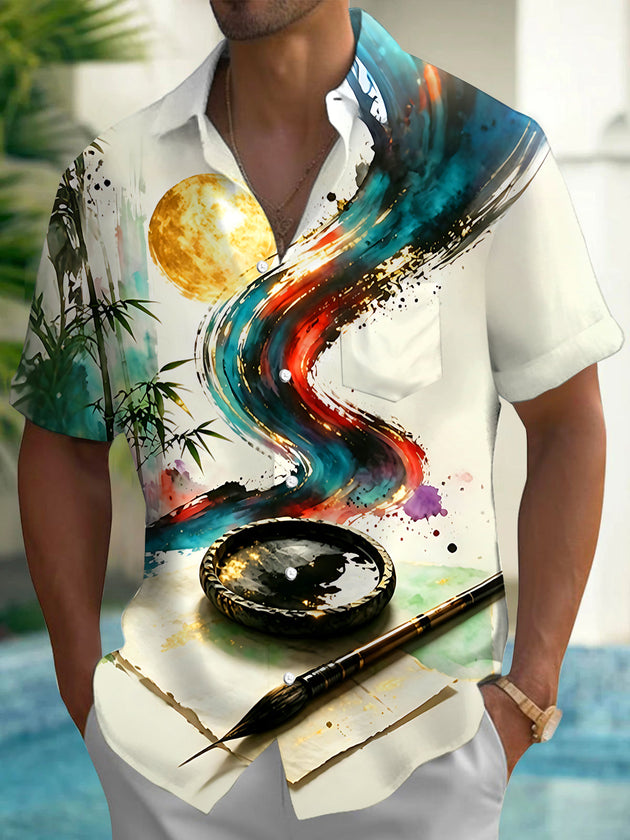 Adaychic Men's Graphic Ink Brush Moon Bamboo Print Short Sleeve Shirt with Chest Pocket