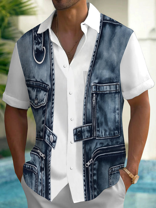 Adaychic Men's Printed Denim Vest Print Short Sleeve Shirt with Chest Pocket