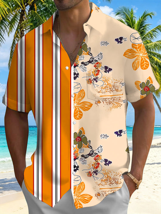 Adaychic Men's Hawaiian Color-block Stripes Print Short Sleeve Shirt with Chest Pocket