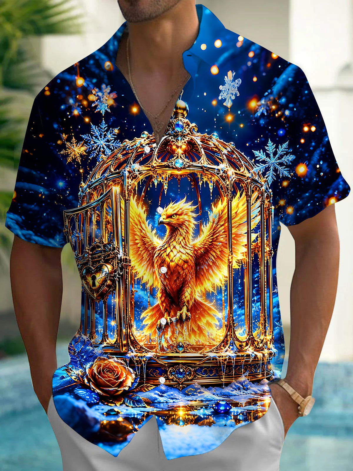 Adaychic Men's Graphic Golden Eagle In Birdcage Print Short Sleeve Shirt with Chest Pocket