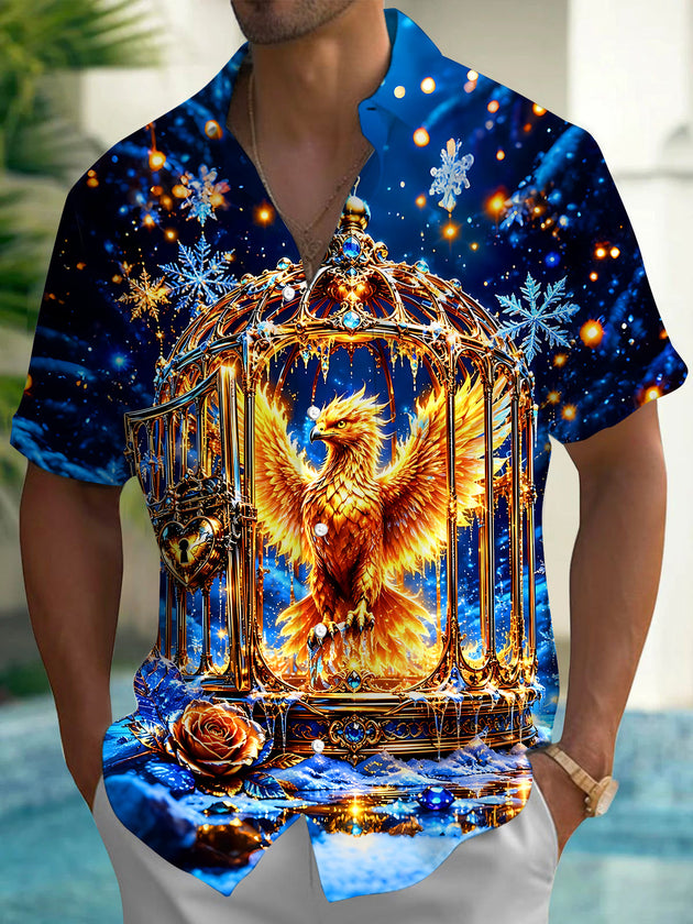 Adaychic Men's Graphic Golden Eagle In Birdcage Print Short Sleeve Shirt with Chest Pocket