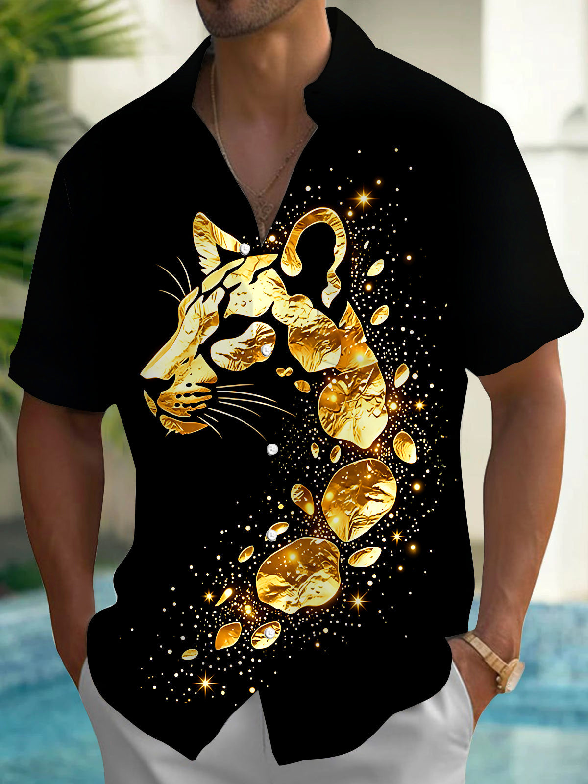 Adaychic Men's Printed Gold Leopard Head Print Short Sleeve Shirt with Chest Pocket