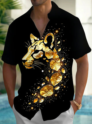 Adaychic Men's Printed Gold Leopard Head Print Short Sleeve Shirt with Chest Pocket