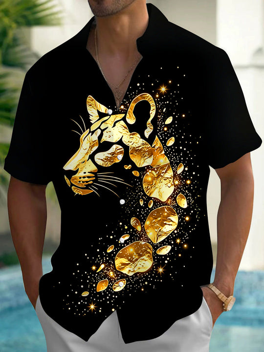 Adaychic Men's Printed Gold Leopard Head Print Short Sleeve Shirt with Chest Pocket
