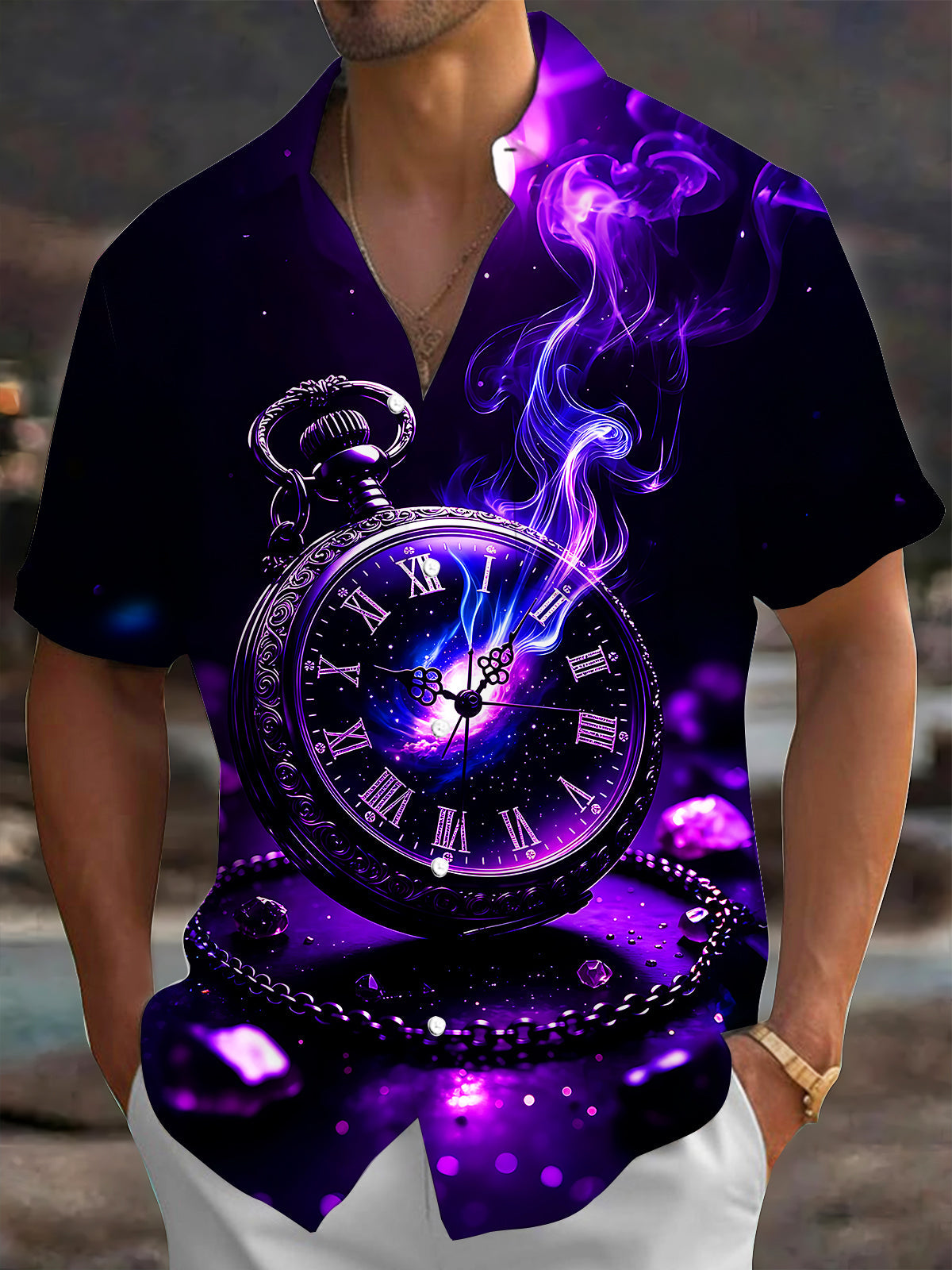 Adaychic Men's Purple Nebula Pocket Watch Print Short Sleeve Shirt with Chest Pocket