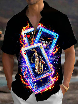 Adaychic Men's Graphic Musical Instruments Print Short Sleeve Shirt with Chest Pocket