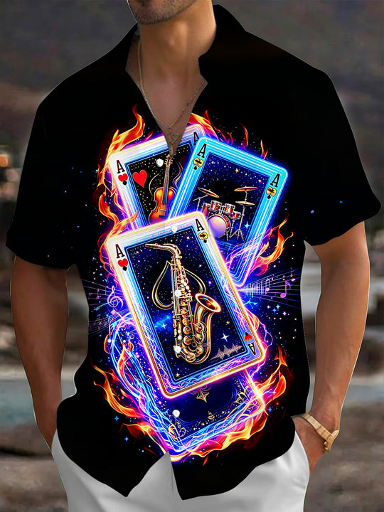 Adaychic Men's Graphic Musical Instruments Print Short Sleeve Shirt with Chest Pocket