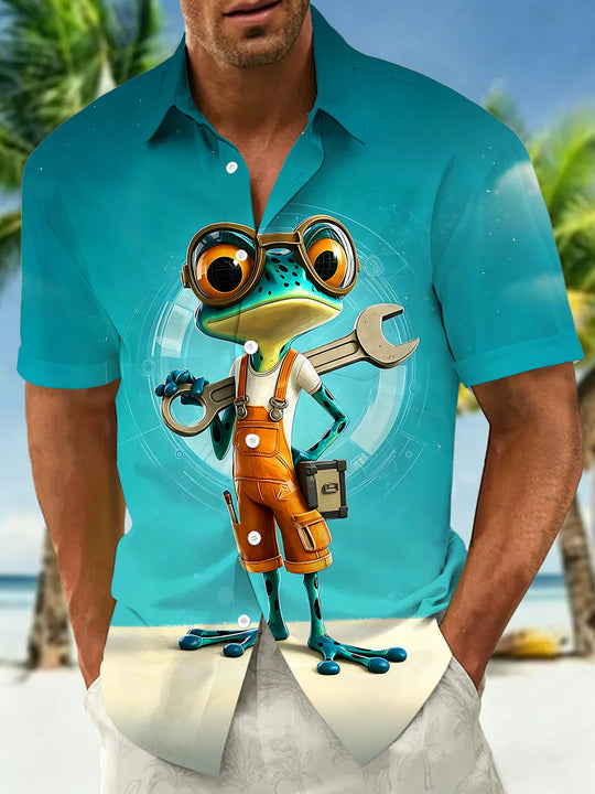 Adaychic Men's Graphic Mechanic Frog Print Short Sleeve Shirt with Chest Pocket