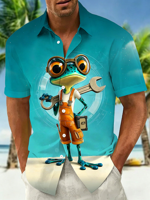 Adaychic Men's Graphic Mechanic Frog Print Short Sleeve Shirt with Chest Pocket