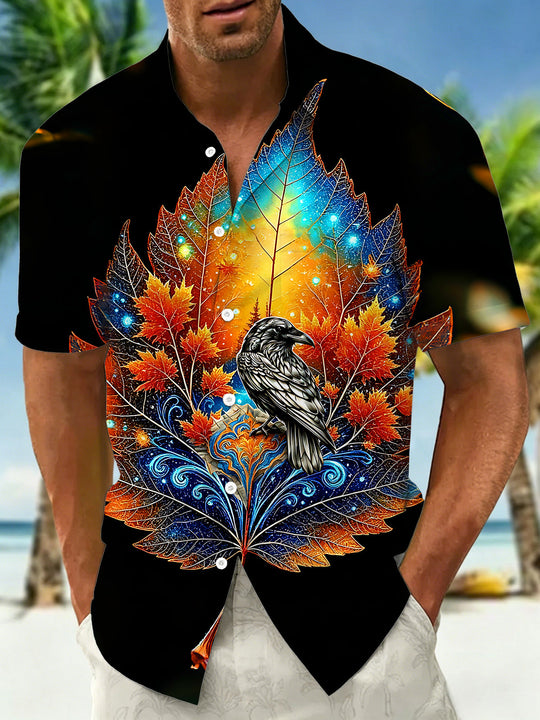 Adaychic Men's Graphic Starry Maple Leaves Print Short Sleeve Shirt with Chest Pocket