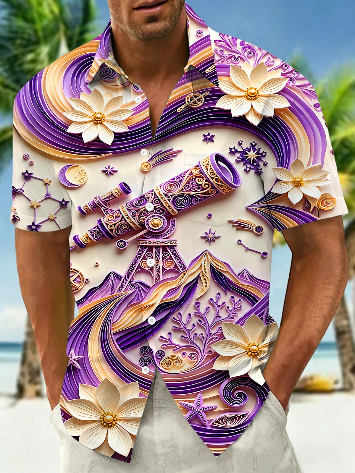 Adaychic Men's 3D Quilled Telescope Print Floral Pattern Short Sleeve Shirt with Chest Pocket