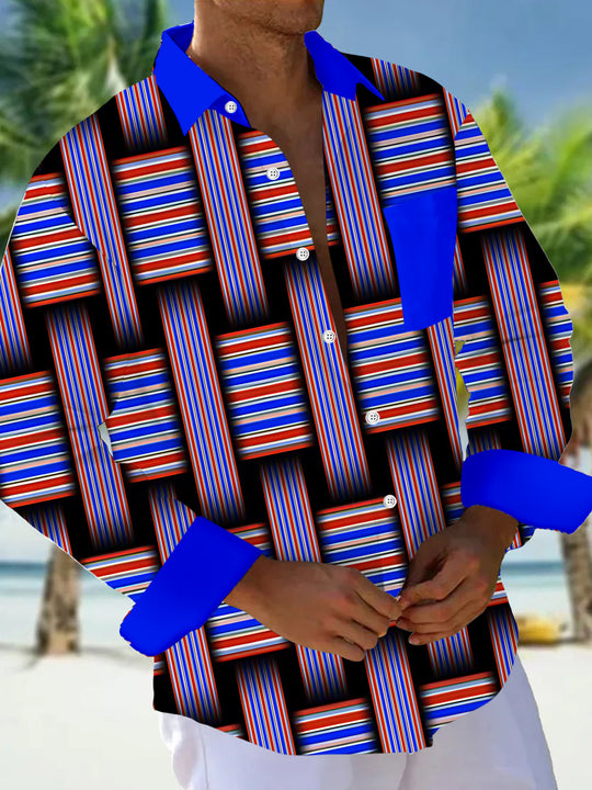 Adaychic Men's Striped Geometric Weave Stripes Print Long Sleeve Shirt with Chest Pocket