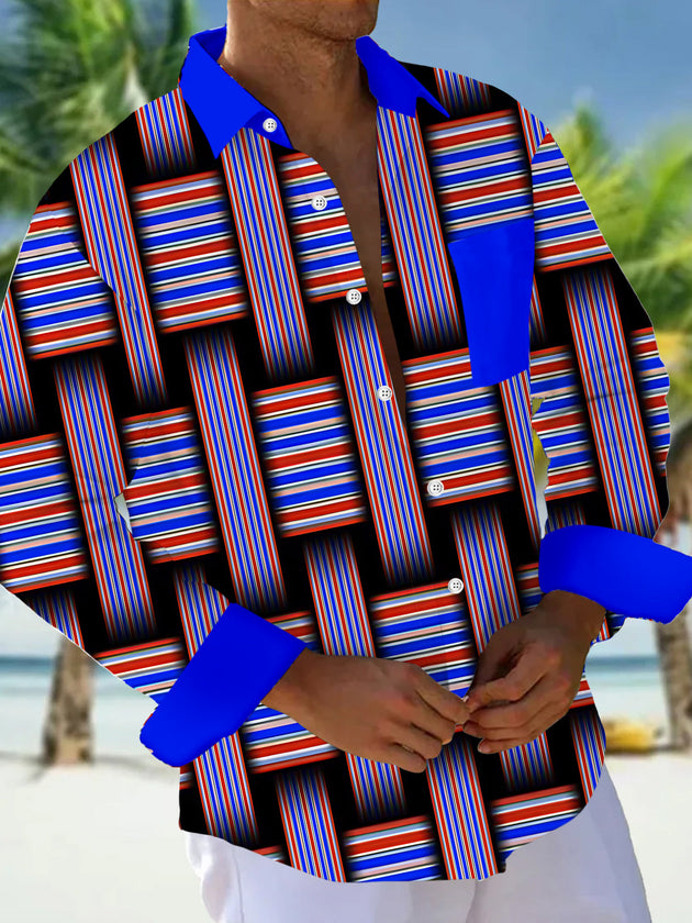Adaychic Men's Striped Geometric Weave Stripes Print Long Sleeve Shirt with Chest Pocket