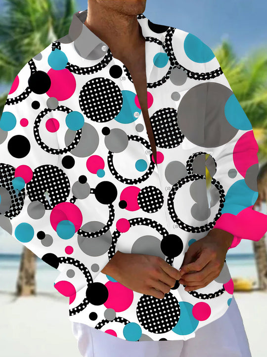 Adaychic Men's Patterned Colorful Polka Dot Circles Print Long Sleeve Shirt with Chest Pocket