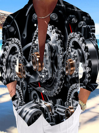 Adaychic Men's 3D Mechanical Gears Print Engine Chains Print Long Sleeve Shirt with Chest Pocket