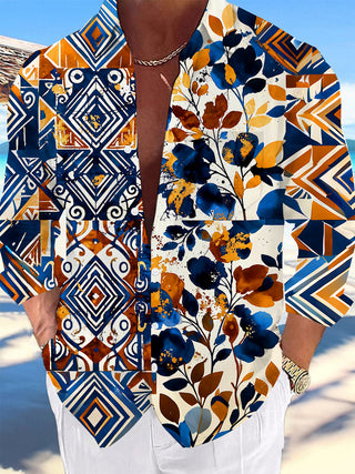 Adaychic Men's Printed Geometric Floral Collage Print Long Sleeve Shirt with Chest Pocket