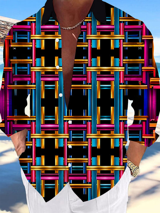 Adaychic Men's Patterned Colorful Metal Weave Plaid Print Long Sleeve Shirt with Chest Pocket