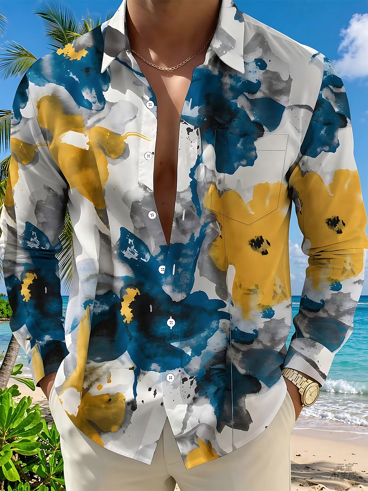 Adaychic Men's Printed Ink Wash Abstract Blooms Print Long Sleeve Shirt with Chest Pocket