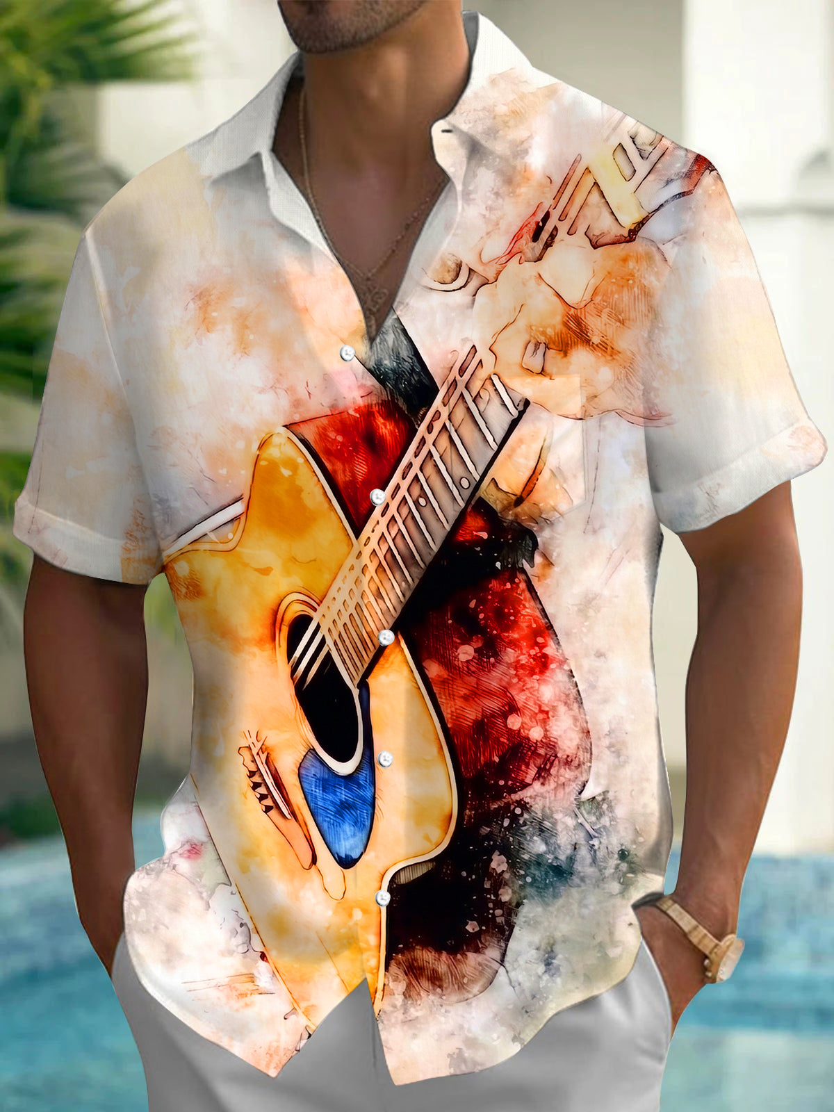 Adaychic Men's Graphic Watercolor Acoustic Guitar Print Short Sleeve Shirt with Chest Pocket