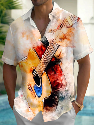 Adaychic Men's Graphic Watercolor Acoustic Guitar Print Short Sleeve Shirt with Chest Pocket