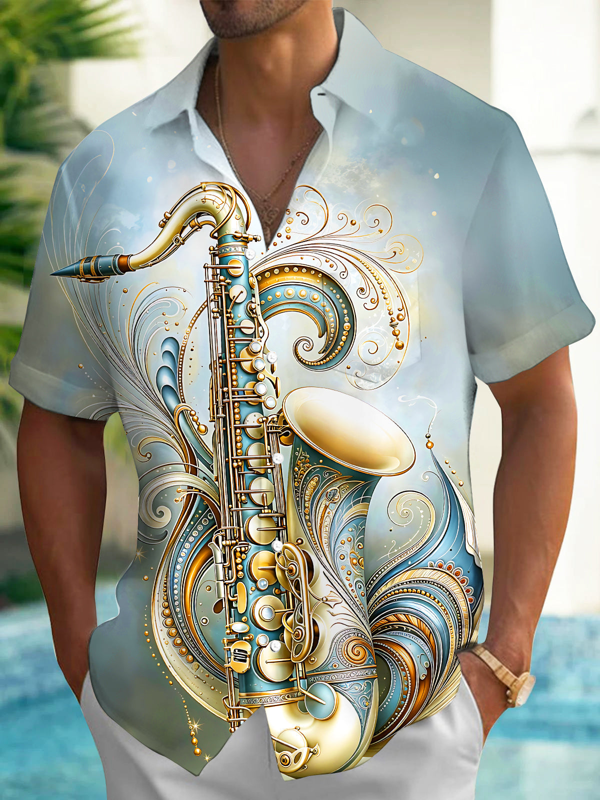 Adaychic Men's Vintage Style Saxophone Illustration Print Short Sleeve Shirt with Chest Pocket